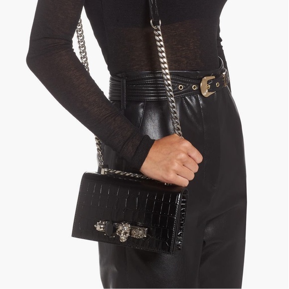 Alexander McQueen Mini Jeweled Croc Embossed Leather Satchel - Picture 3 of 7